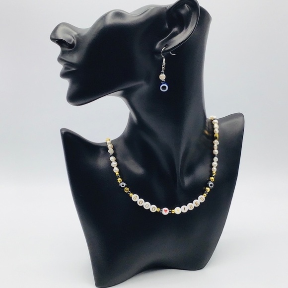 Necklace Good Vibes Evil Eye Fresh Water Pearls Hematite Beads Gold Tone Heart - Picture 3 of 13